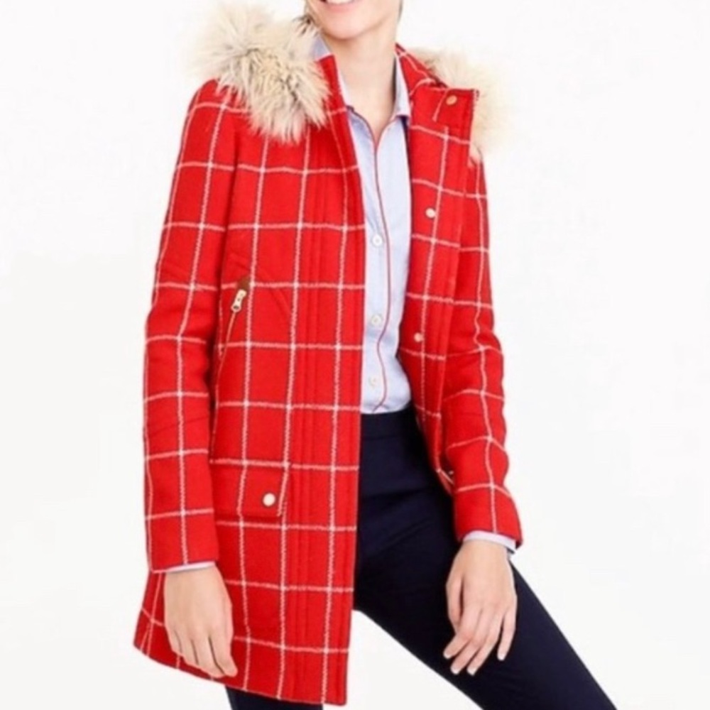 J. Crew red and white plaid wool coat. Size 00. Excellent condition!